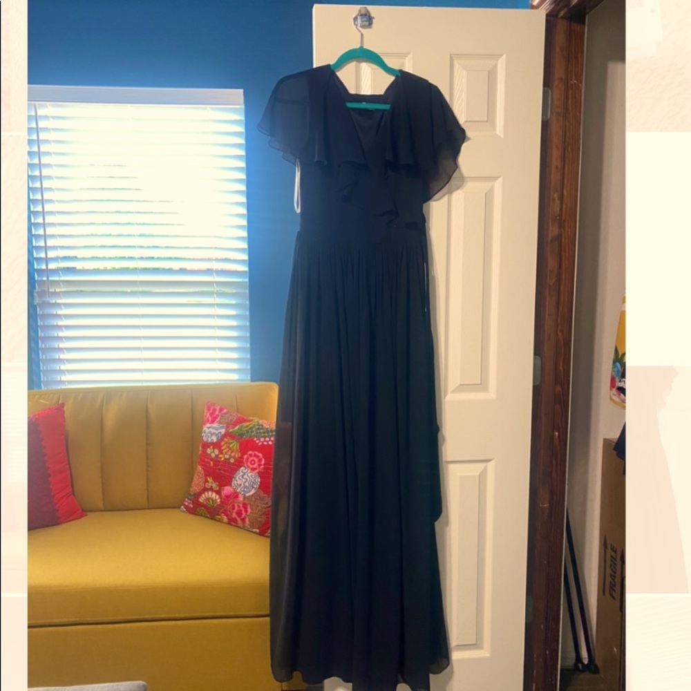 Chiffon Column V-Neck Short Sleeves Bridesmaid Dress - Black 👗 Size 10/L